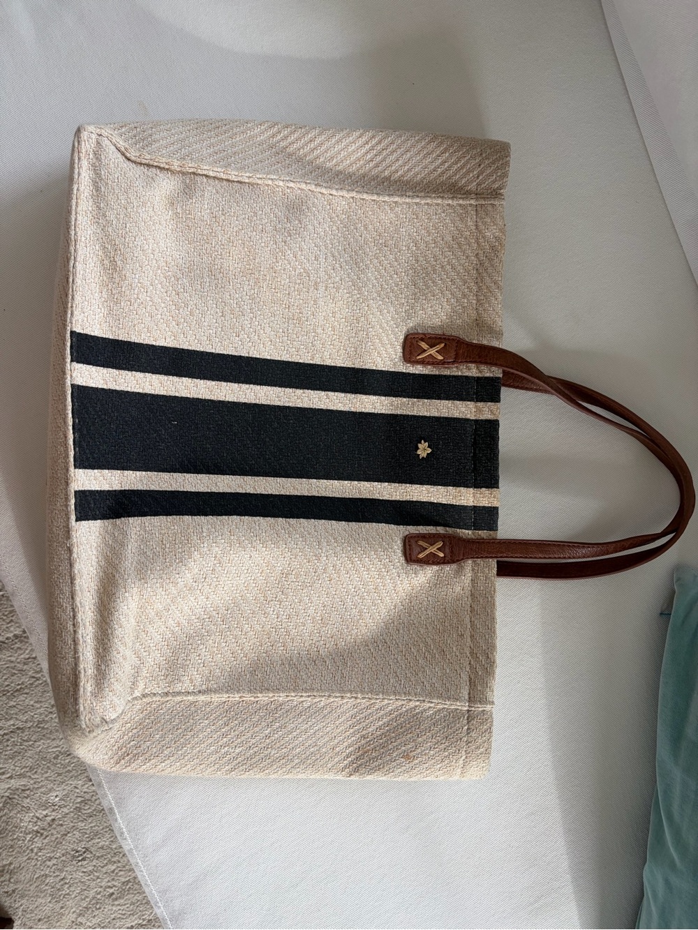 Striped Canvas Tote with Brown Leather Handles